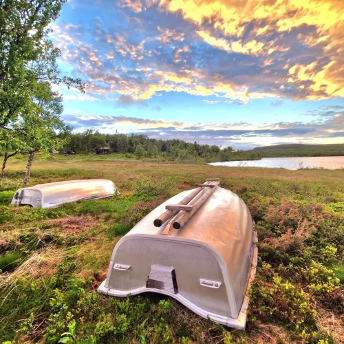 Upp-och-nervända aluminiumbåtar i gräset vid sjön