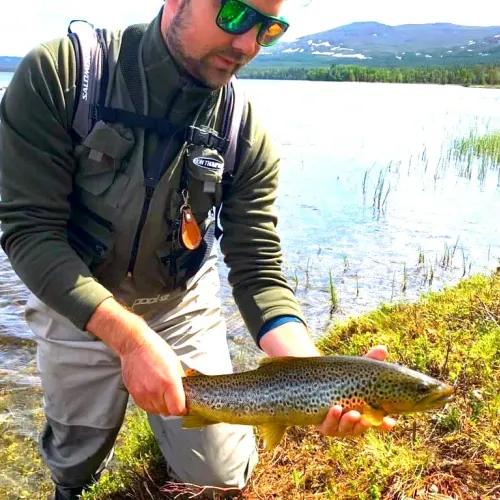 Man håller öring vid vassbevuxen strand