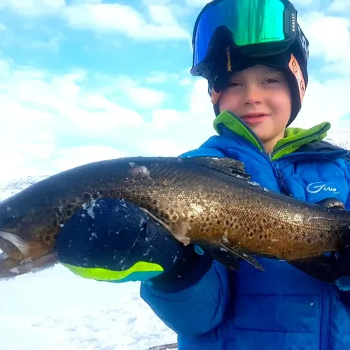 Pojke håller stolt upp en stor fjällfisk